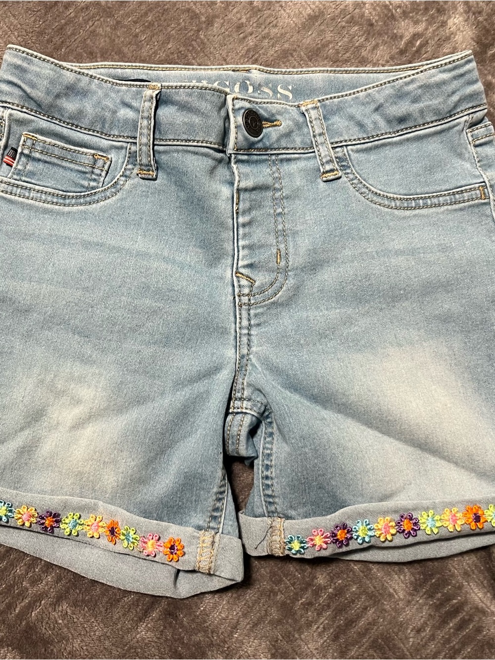 Vigoss Light Blue Denim Girls' Shorts with Rainbow Flower Trim